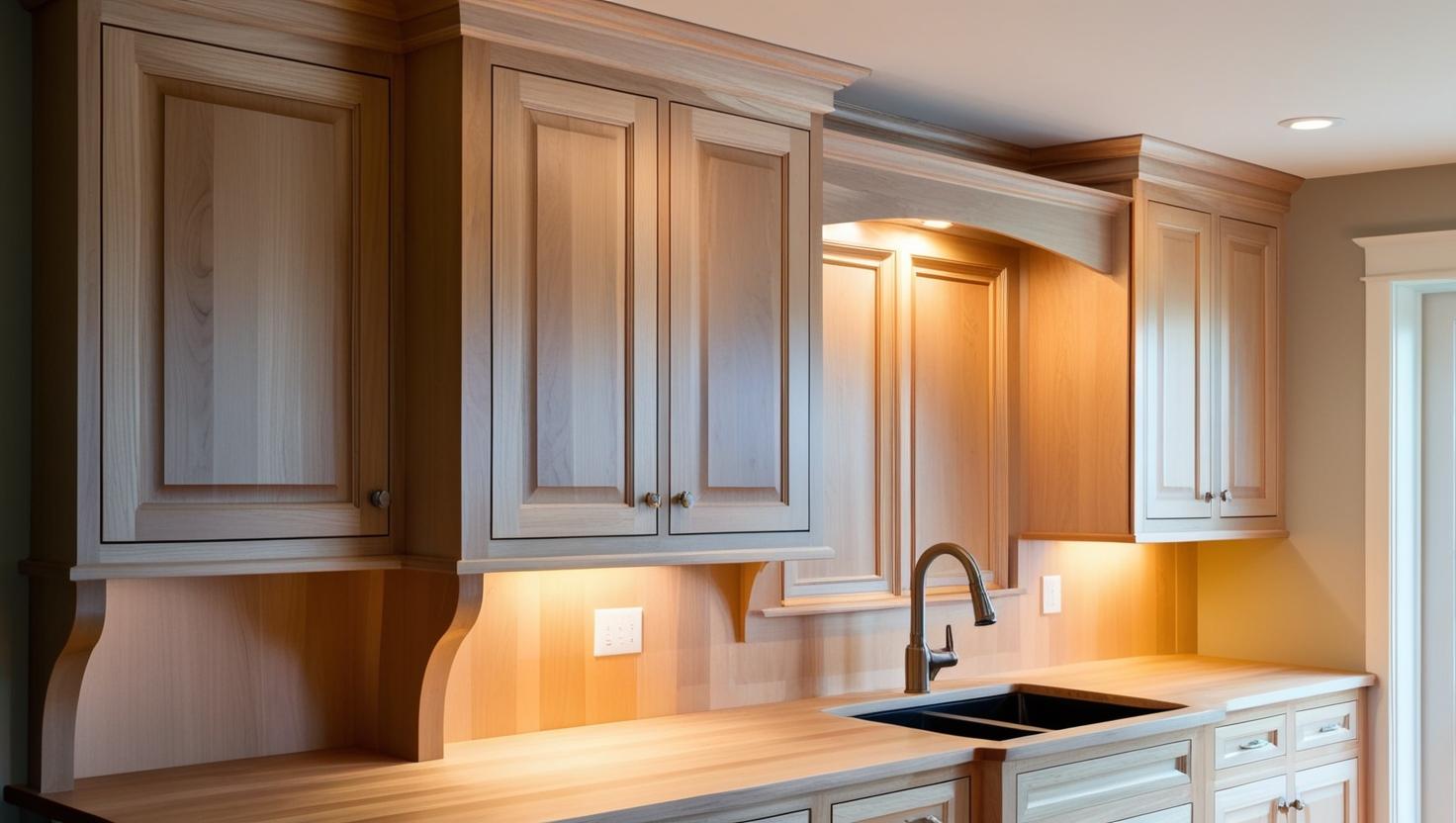 Custom Cabinetry & Woodwork_Kitchen cabinets show whole kitchen wall with the cabinets and sink counter light color wood (2)